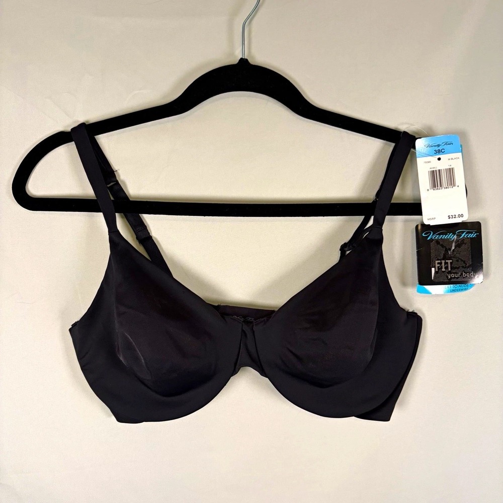 Vanity Fair Next to Nude 38C Underwire T-Shirt Bra Black Solid 75-090
